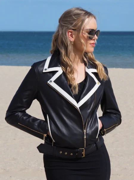 Rachel Contrast Trim Biker | Black/White