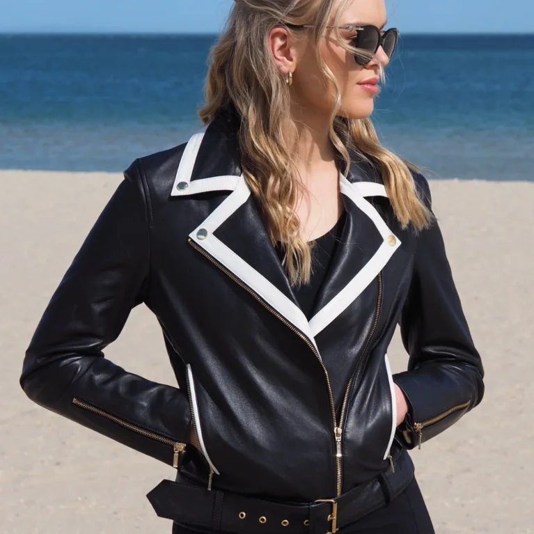 Rachel Contrast Trim Biker | Black/White