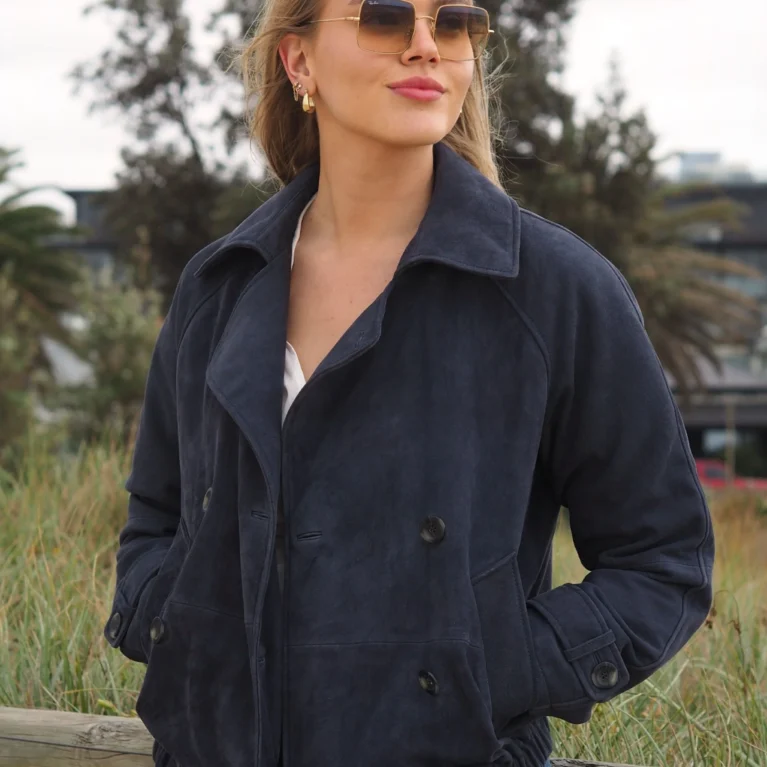Jannie Suede Double Breasted Jacket | Navy